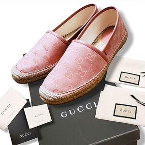 Gucci Pink Monogram Logo Casual Slip On Canvas Espadrilles 6.5 Box Dustbags EUC